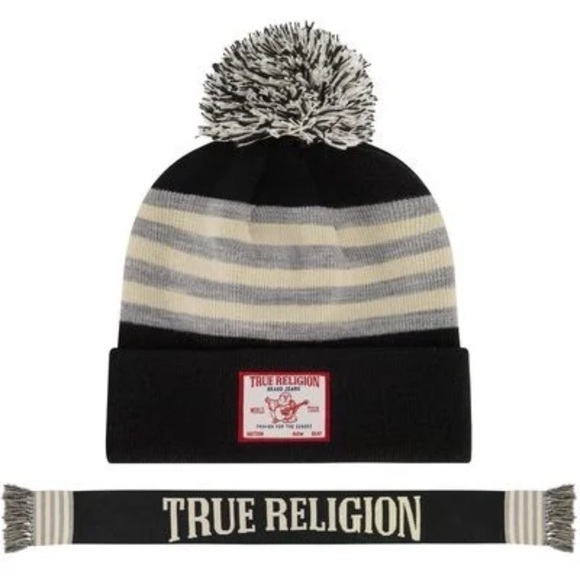True Religion Accessories - True Religion black, grey & ivory scarf & Pom beanie set